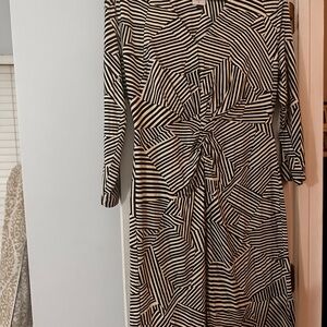 CAbi Black and White Sheath Dress with 3/4 Cuffed Sleeves and V-Neck